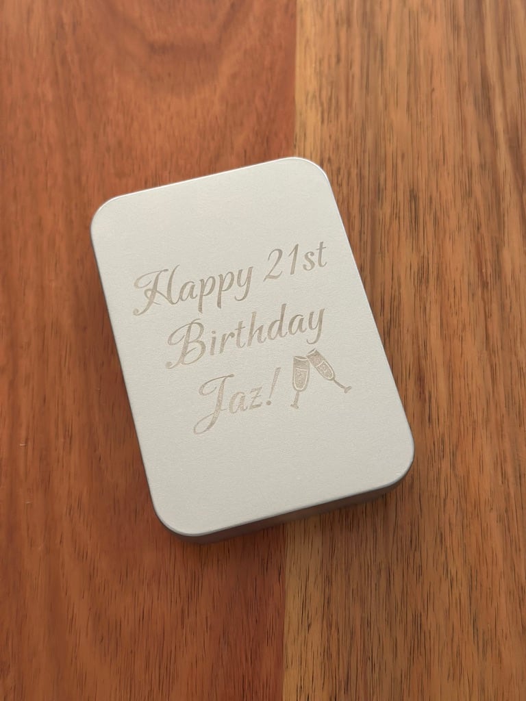 Silver card tin engraved for Jaz's 21st birthday