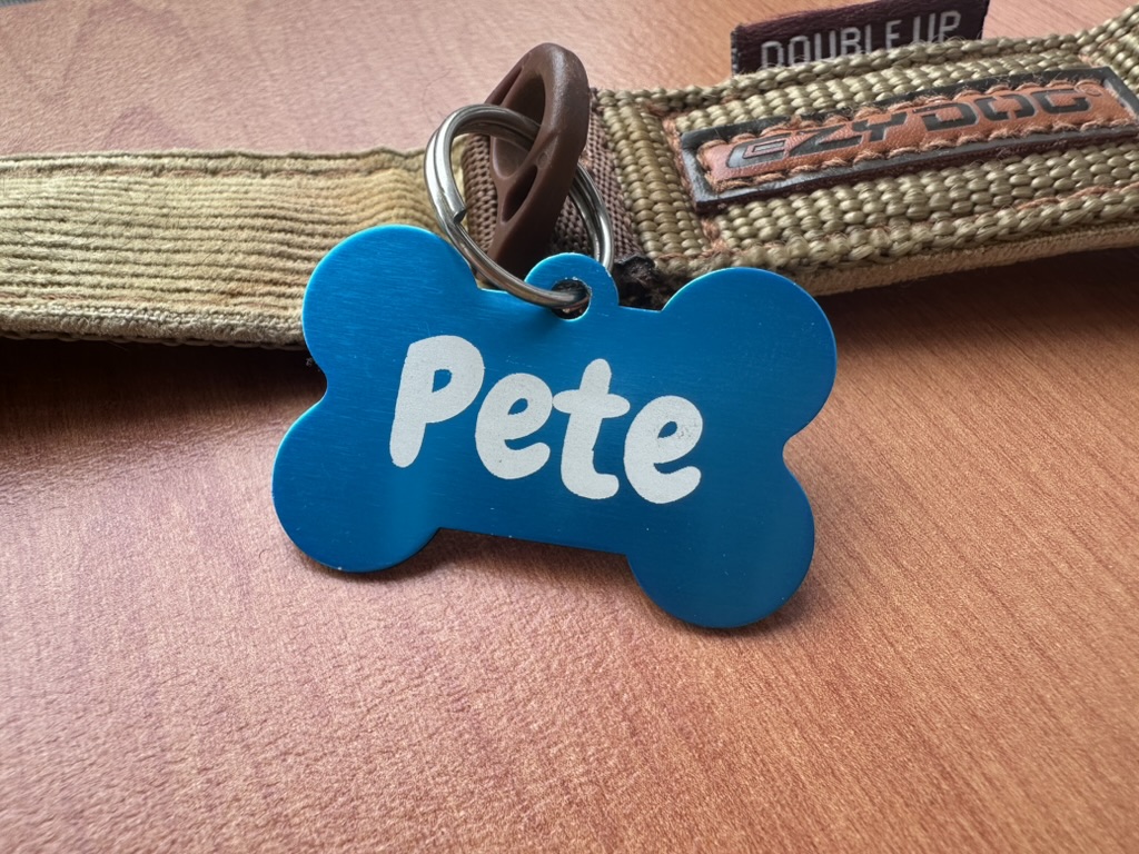 Pete's blue metal dog tag engraved with his name